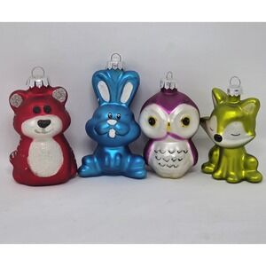 Rauch Christmas Woodland Animal Glass Ornaments Lot of 4 (Bear, Fox, Owl, Rabbit